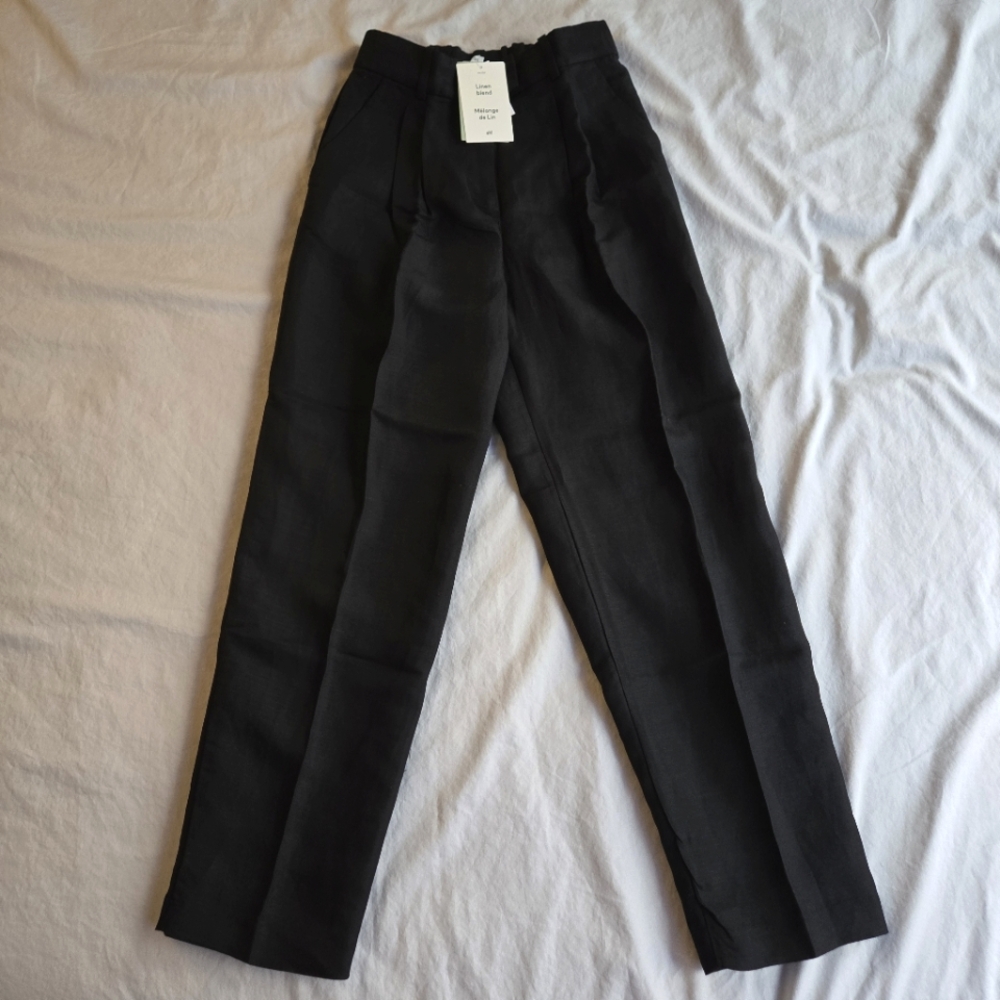 H&M Linen Blend sz 2 Women's High Rise Wide Leg Pleated Black Dress Pants